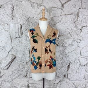 Liz Claiborne c. 1990s Intarsia Knit Sweater Vest Acorn Brown Floral | M